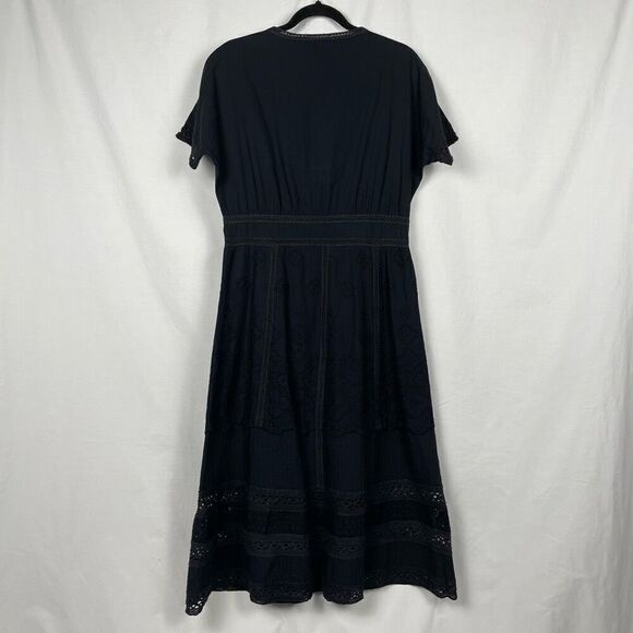 Saks Fifth Avenue Black Cotton Poplin A-Line Midi Eyelet Dress - Women’s 6 - Picture 2 of 6